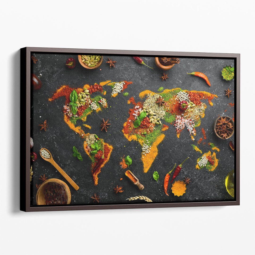 Set of Herbs and Spices as World Map, Kitchen Decor, Restaurant Art - Canvas Print Wall Art