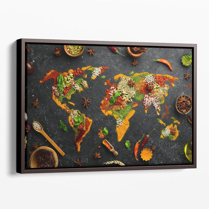 Set of Herbs and Spices as World Map, Kitchen Decor, Restaurant Art - Canvas Print Wall Art