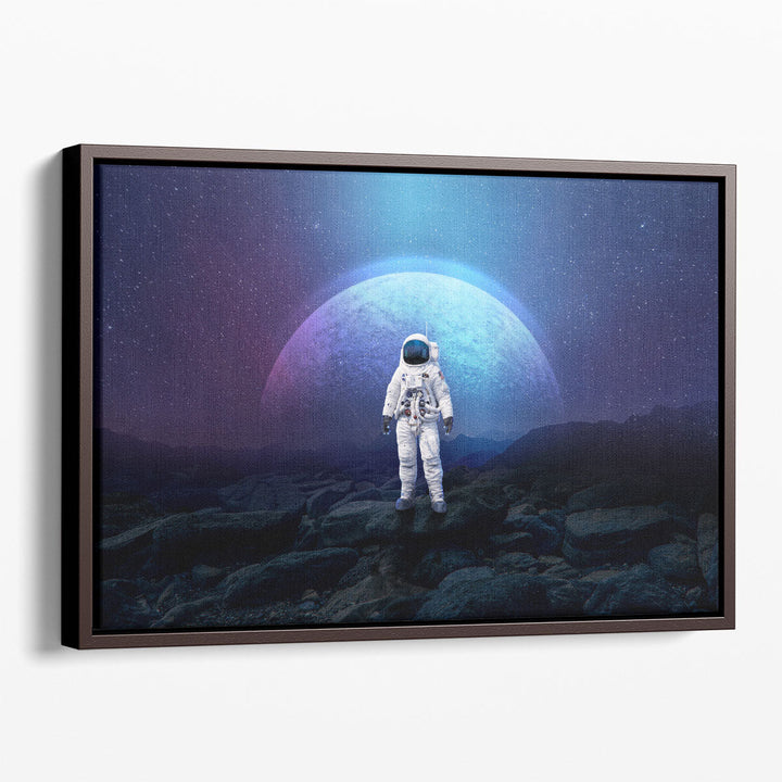 Astronaut On The Rock Surface With Space Background - Canvas Print Wall Art