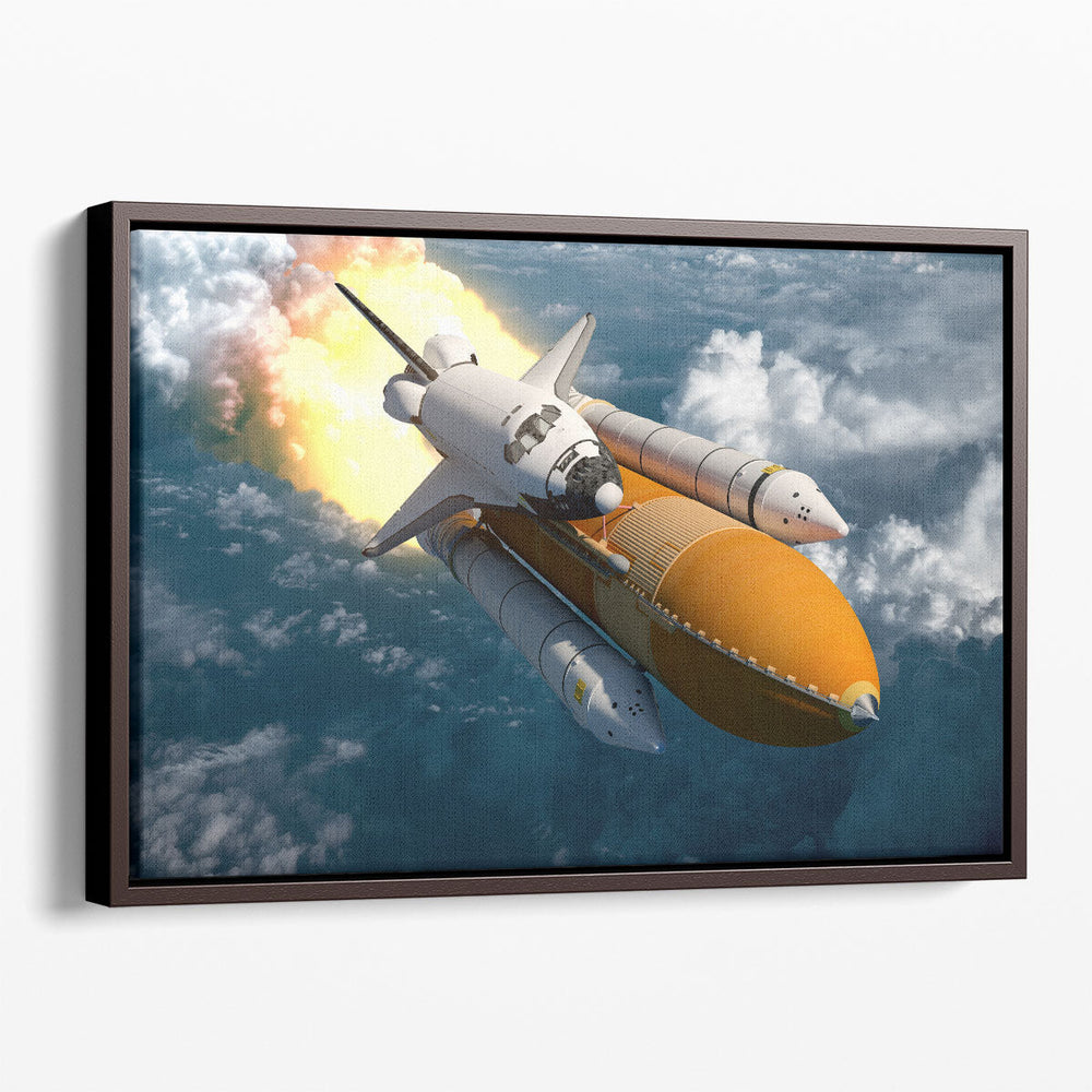 Space Shuttle Flying Over The Clouds - Canvas Print Wall Art