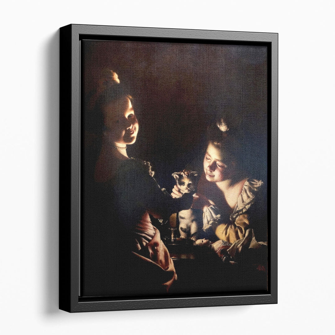 Two Girls Dressing a Kitten by Candlelight - Canvas Print Wall Art