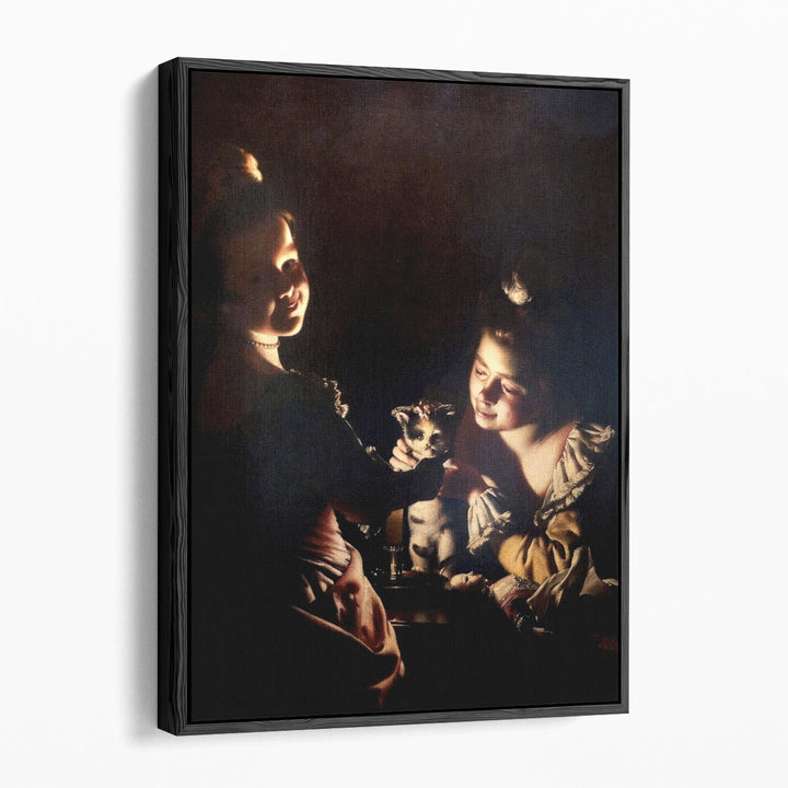 Two Girls Dressing a Kitten by Candlelight - Canvas Print Wall Art