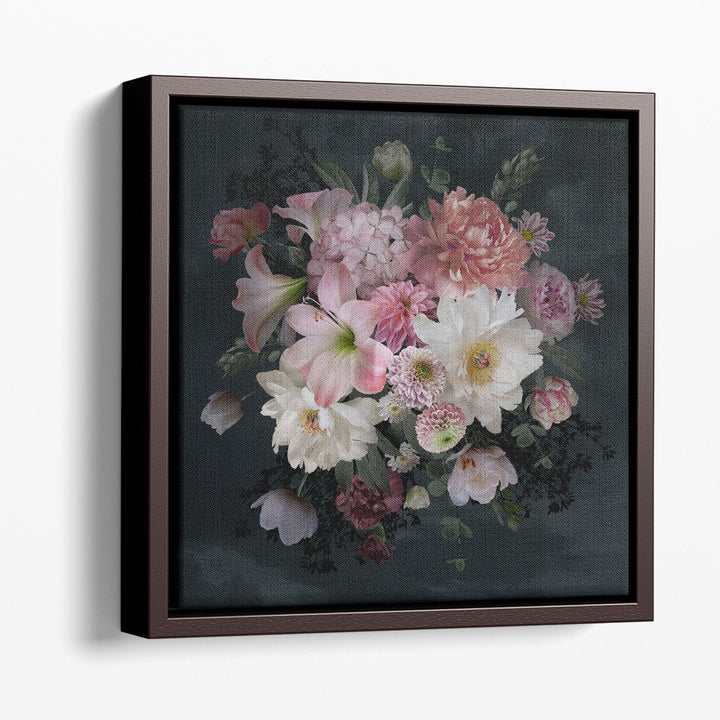 Pink and White Peonies, Roses, Tulips Bouquet On Dark Background - Canvas Print Wall Art