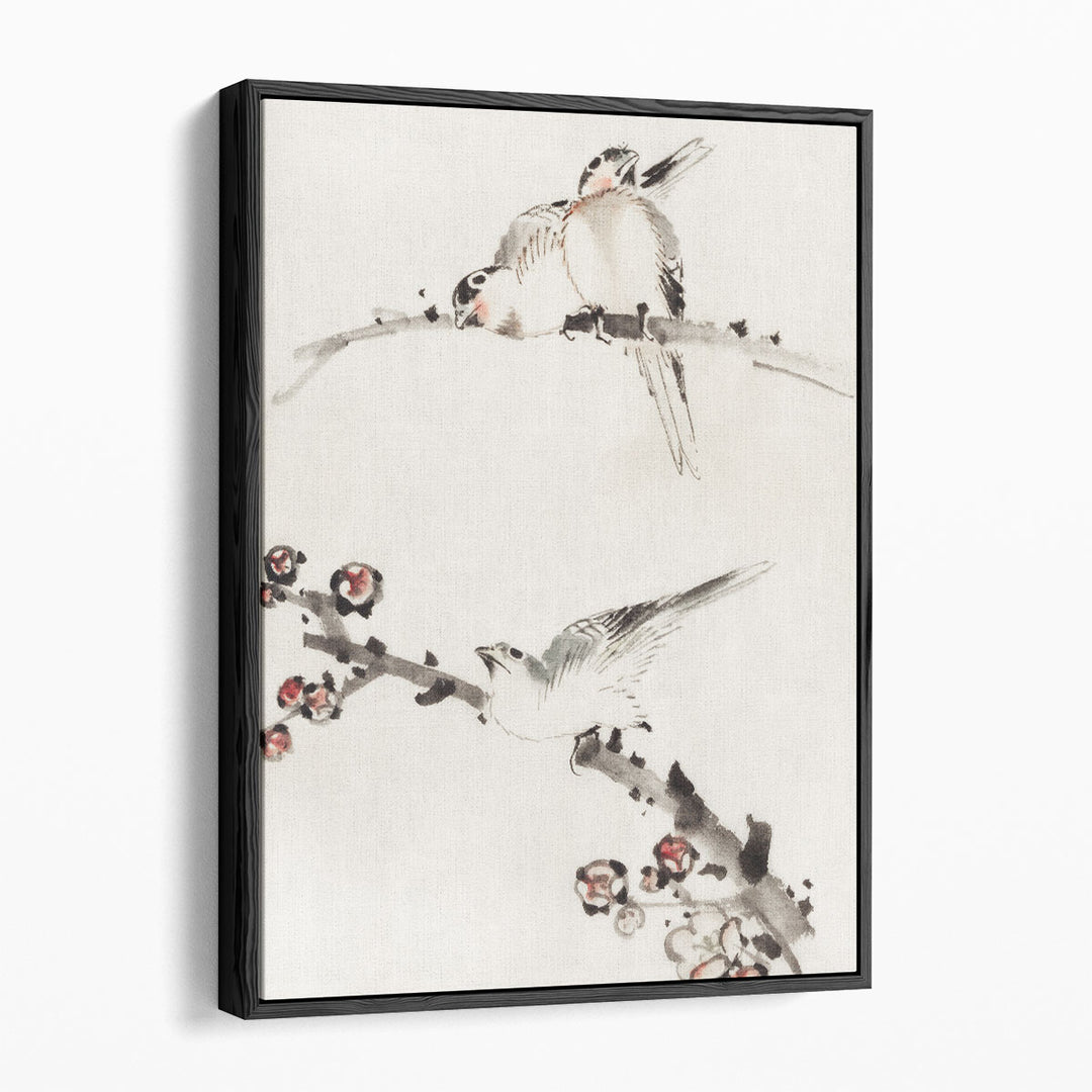 Three Birds Perched on Branches, One with Blossoms - Canvas Print Wall Art
