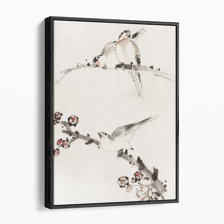 Three Birds Perched on Branches, One with Blossoms - Canvas Print Wall Art