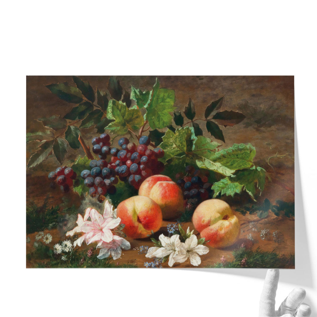 A Forest Still Life with Peach and Grapes - Canvas Print Wall Art