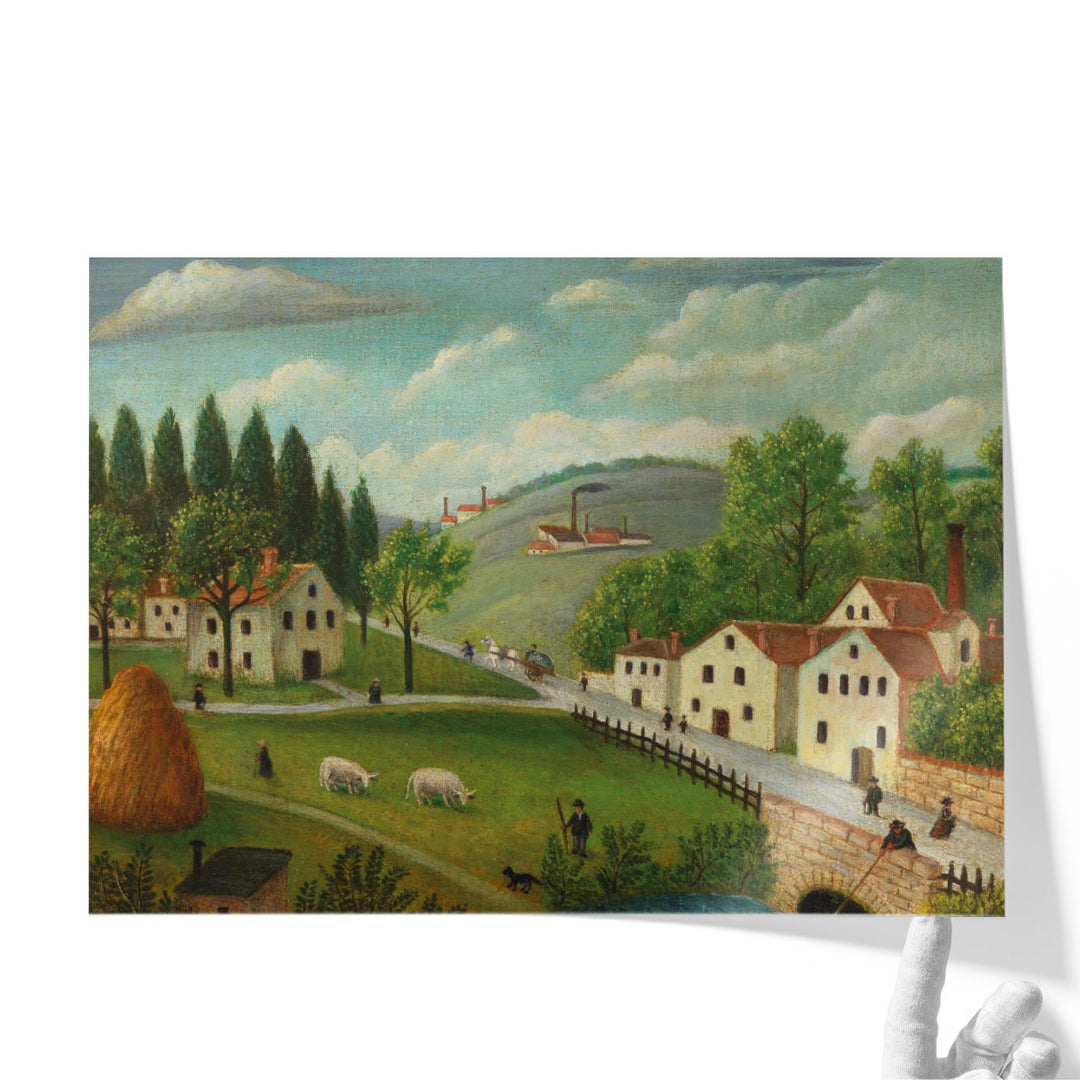 Pastoral Landscape with Stream, Fisherman and Strollers - Canvas Print Wall Art