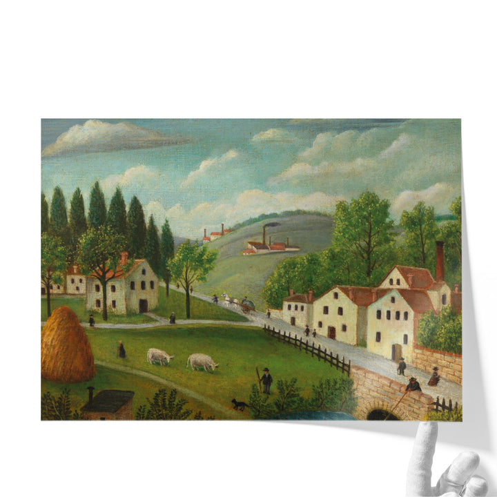 Pastoral Landscape with Stream, Fisherman and Strollers - Canvas Print Wall Art