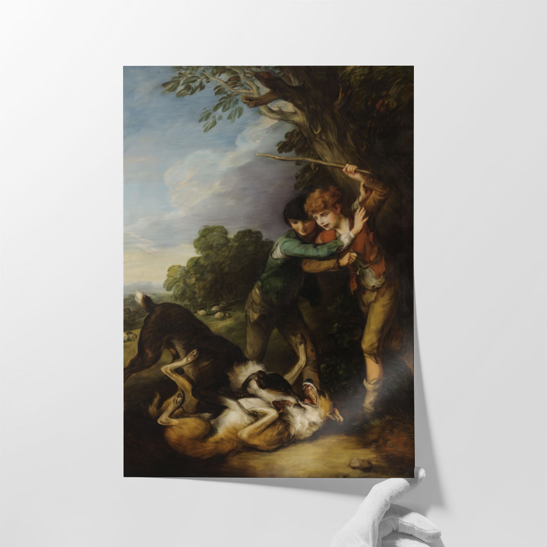 Two Shepherd Boys with Dogs Fighting - Canvas Print Wall Art