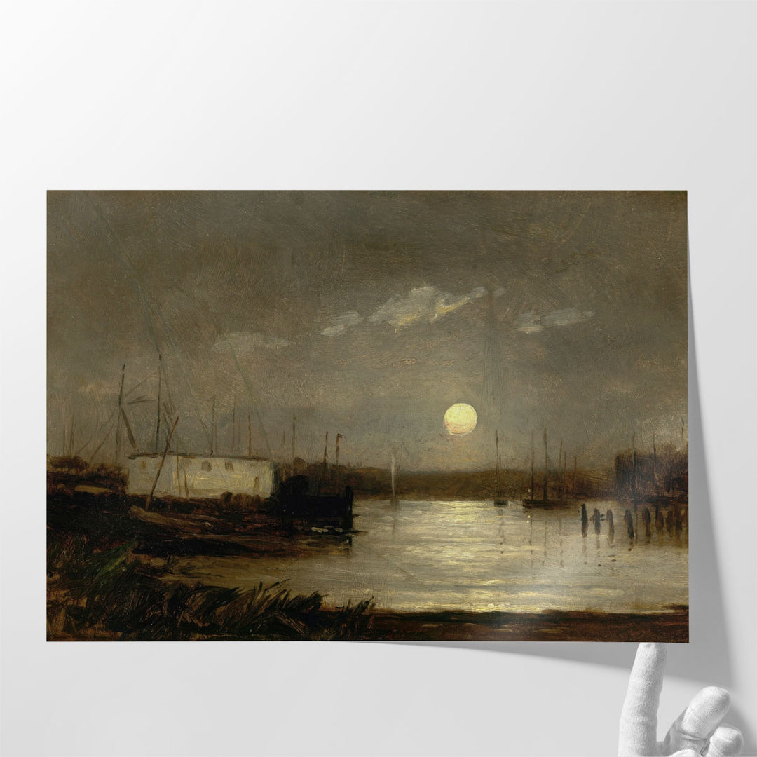 Wharf Scene with Full Moon and Masts of Boats - Canvas Print Wall Art