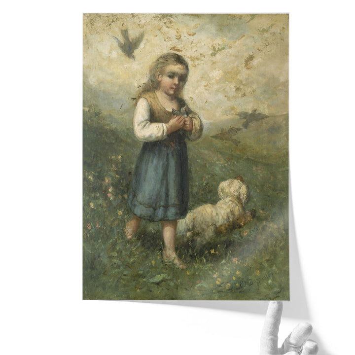 Child with Birds and Dog - Canvas Print Wall Art