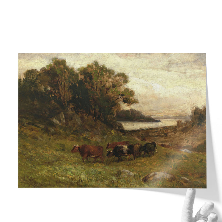 Five Cows Grazing with Trees and River in Background - Canvas Print Wall Art