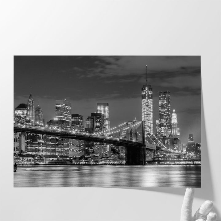 Brooklyn Bridge and Manhattan Skyline At Night in Black and White - Canvas Print Wall Art