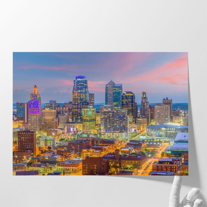 Kansas City, Missouri, Downtown Cityscape At Twilight - Canvas Print Wall Art