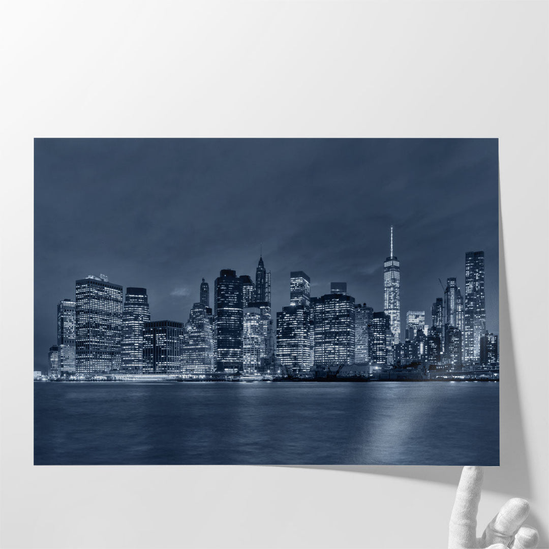 New York City Manhattan Downtown Skyline At Night - Canvas Print Wall Art