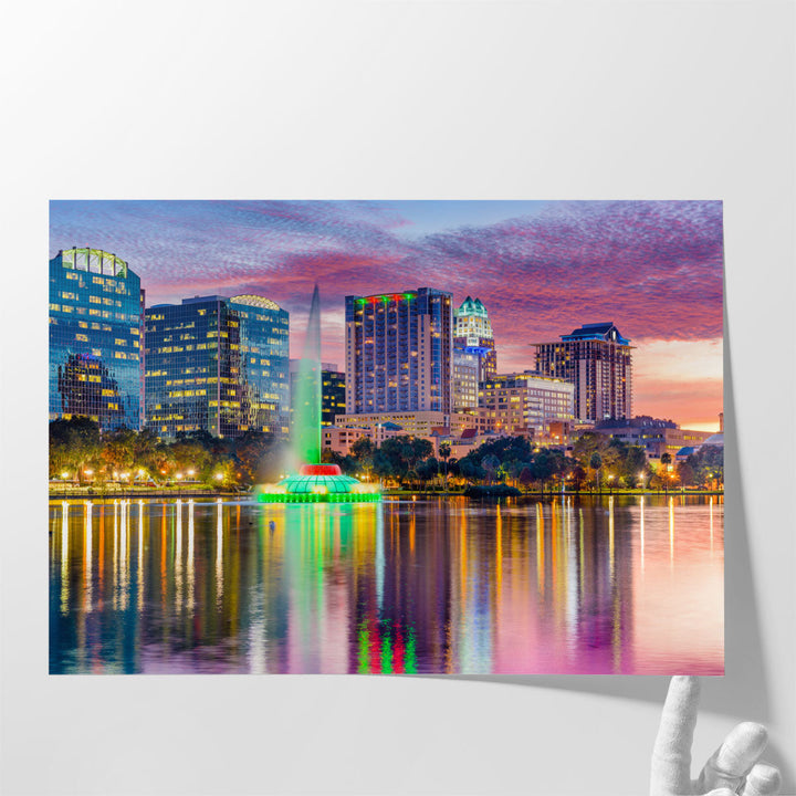 Orlando, Florida, Skyline At Dusk on Eola Lake - Canvas Print Wall Art