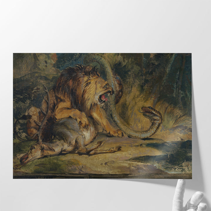 Lion Defending its Prey - Canvas Print Wall Art