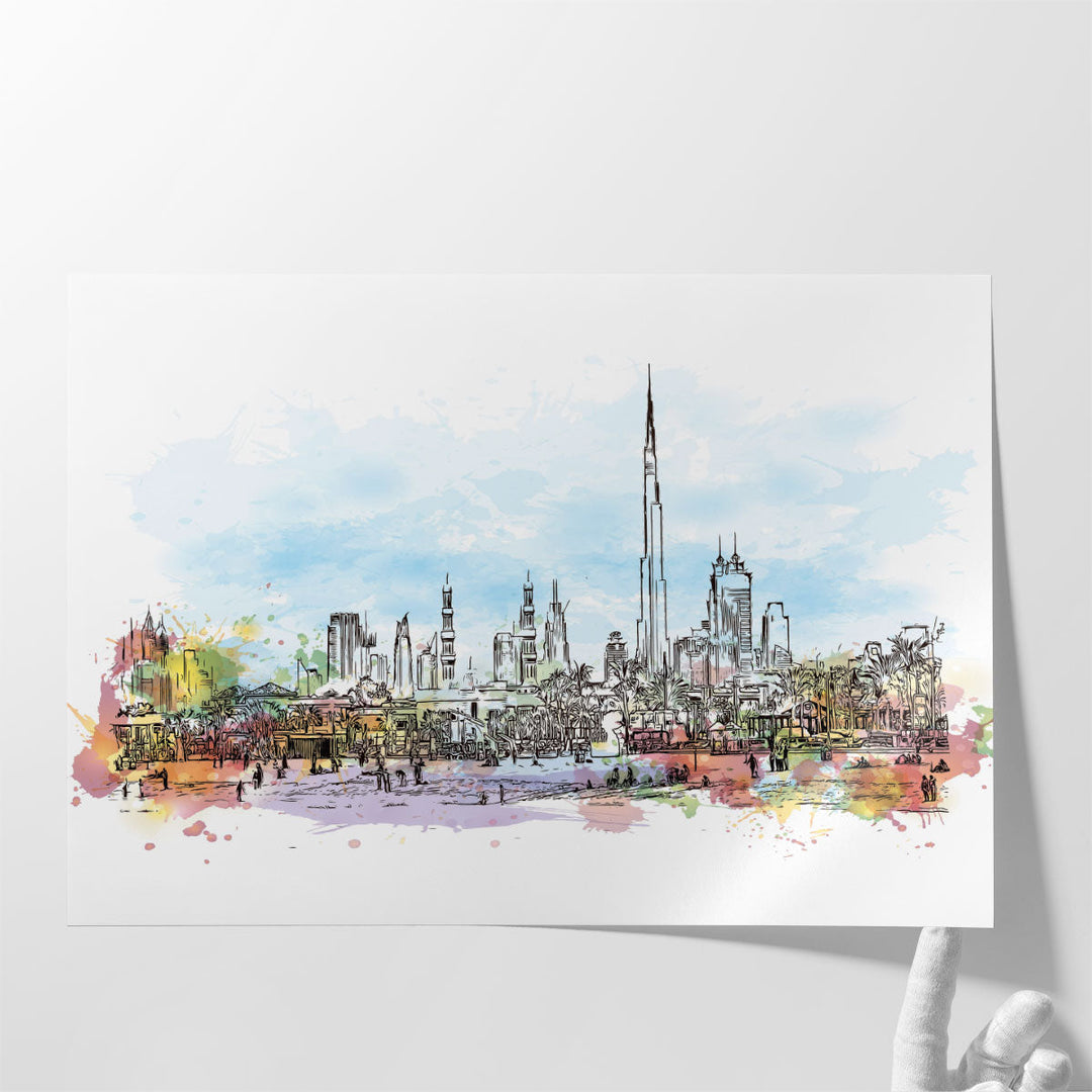 Watercolor Sketch of Jumeirah Beach with Burj Skyline Dubai - Canvas Print Wall Art