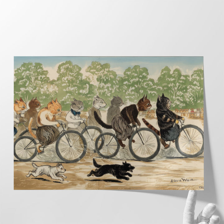A Group of Cats Engaged in a Cycle Race in Hyde Park - Canvas Print Wall Art