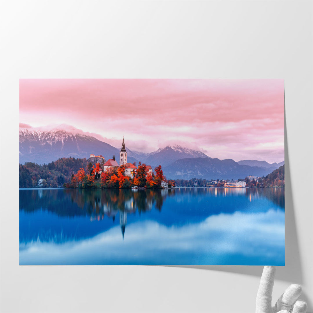 Ancient Church and Bled lake in Slovenia - Canvas Print Wall Art