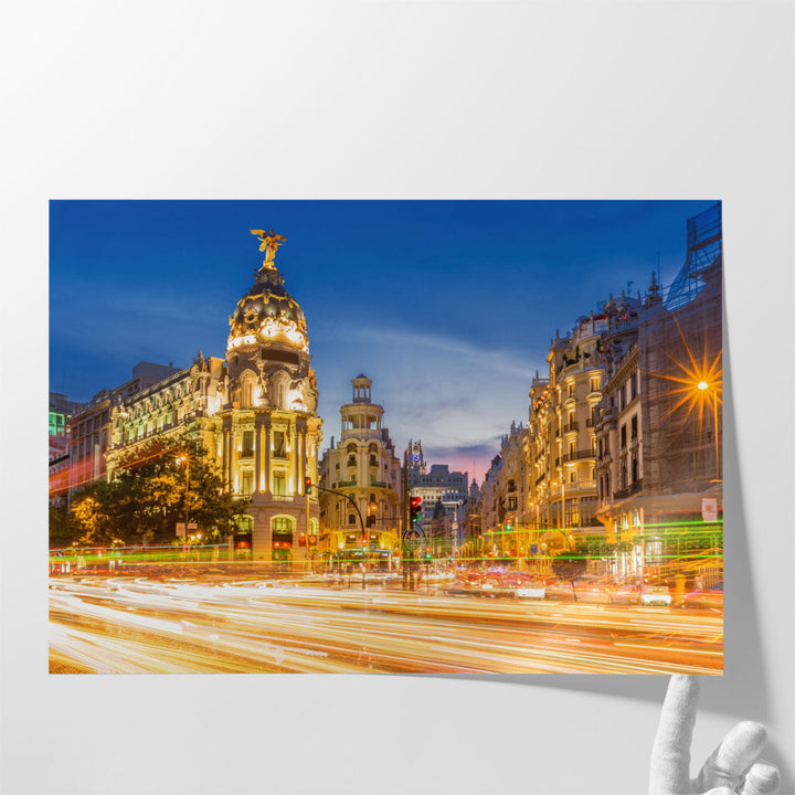 Madrid Gran via at Dusk Time, Spain - Canvas Print Wall Art