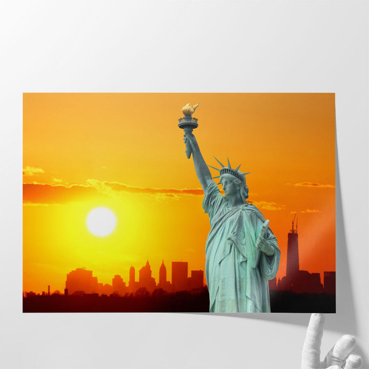 Manhattan Skyline and The Statue of Liberty at Sunset, New York City - Canvas Print Wall Art