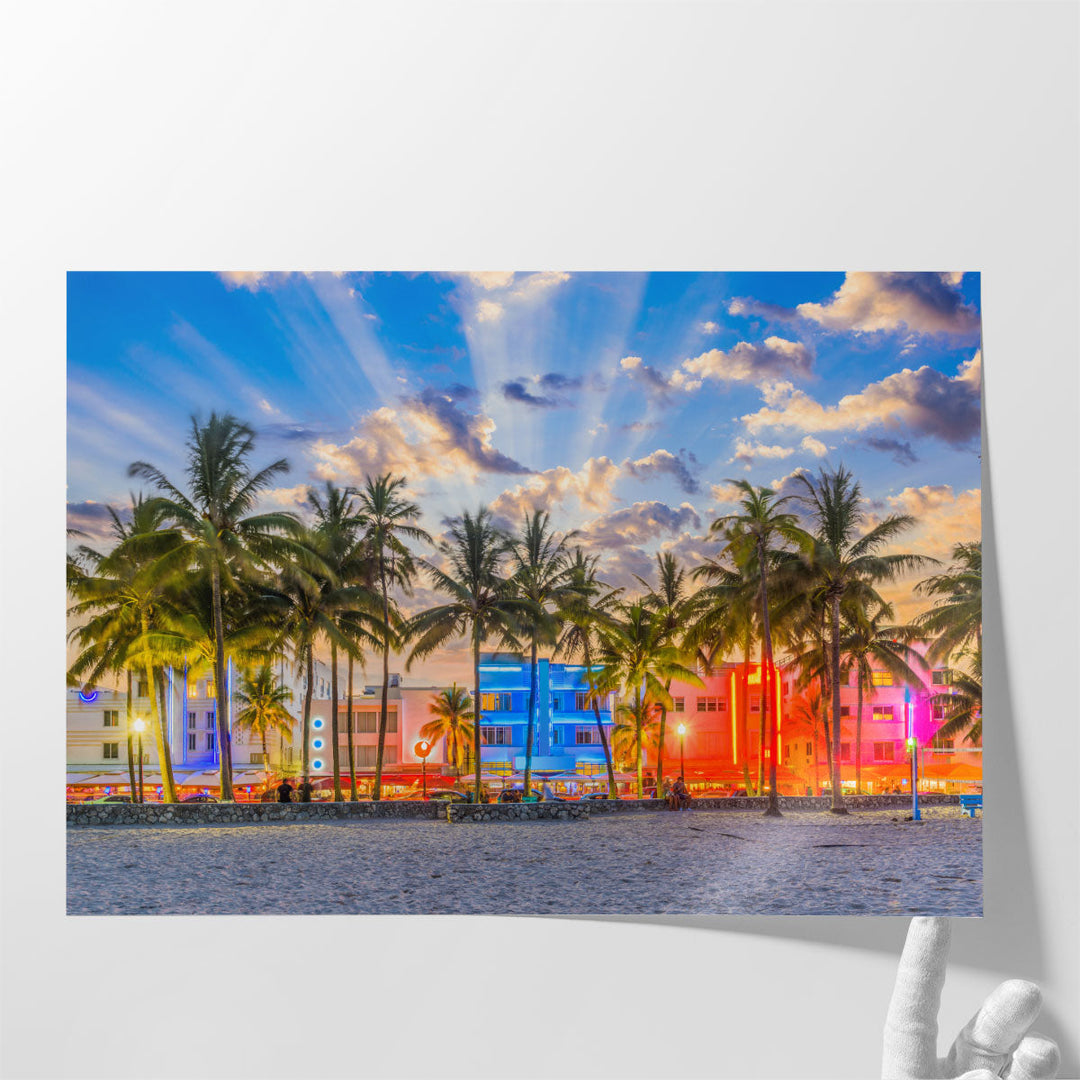 Miami Beach, Florida USA Cityscape on Ocean Drive - Canvas Print Wall Art