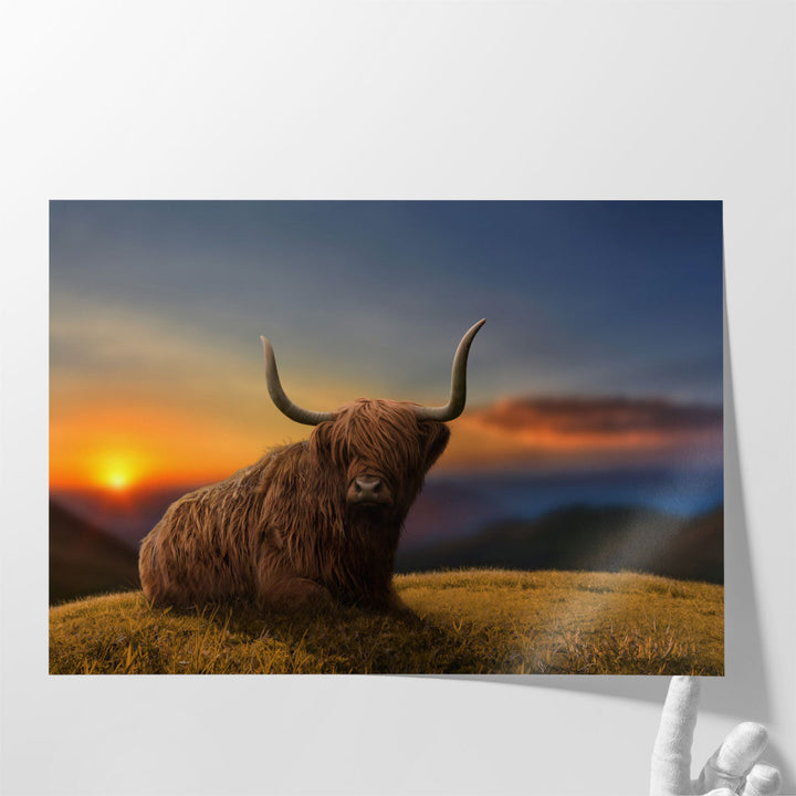 Large Highland Cow in a Meadow - Canvas Print Wall Art