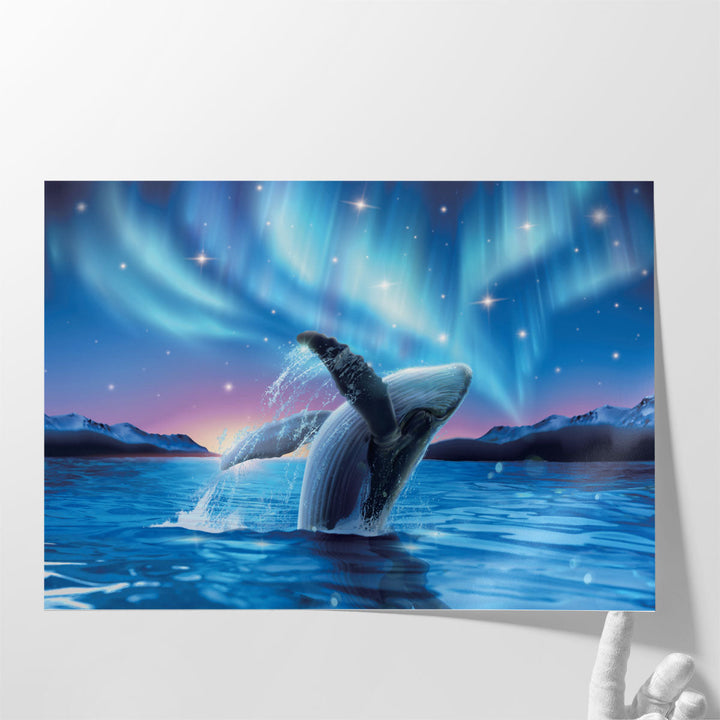 Humpback Whale Breaching Water With Breathtaking Aurora - Canvas Print Wall Art