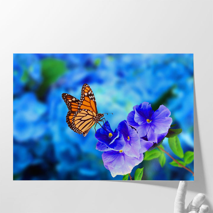 Beautiful Butterfly on Blue Flowers - Canvas Print Wall Art