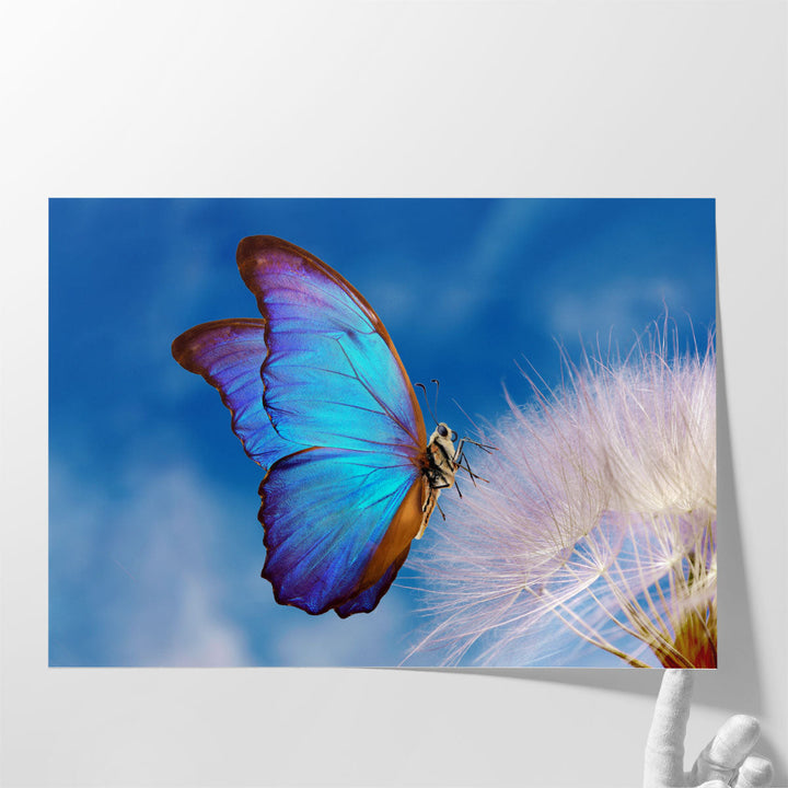 Morpho Butterfly and Dandelion Flower with Blue Sky - Canvas Print Wall Art