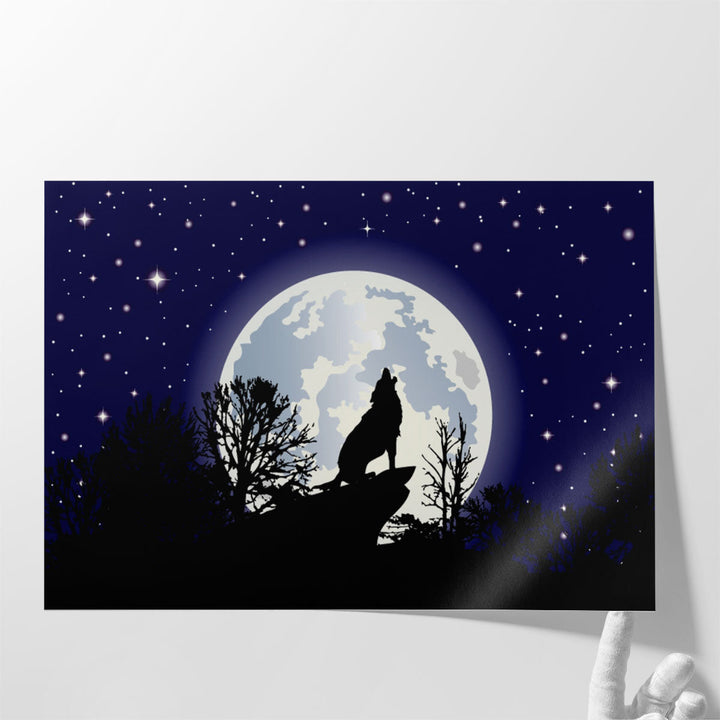 Howling Lone Wolf with Full Moon Background - Canvas Print Wall Art