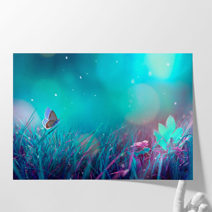 Butterfly in a Meadow At Night, Turquoise Background - Canvas Print Wall Art