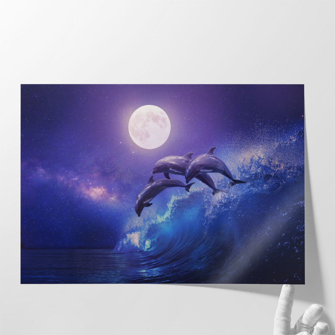 Three Dolphins Leaping in a Sea, Night Ocean and Full Moon - Canvas Print Wall Art