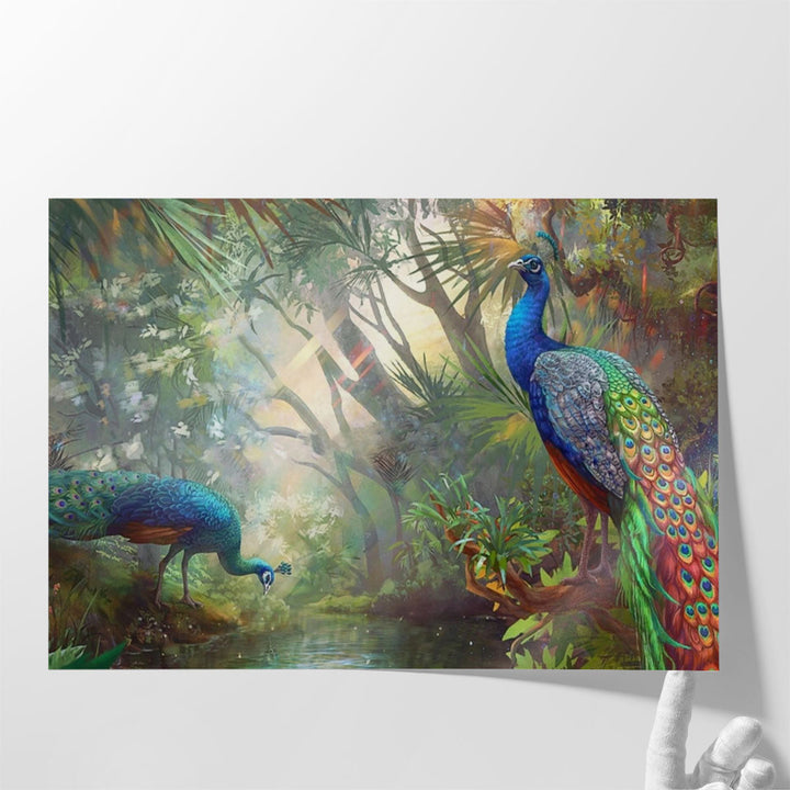 Two Beautiful Peacocks In the Forest Painting Print - Canvas Print Wall Art