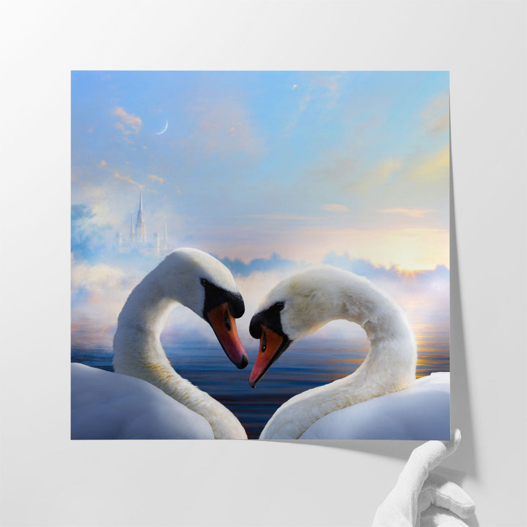 Pair of Swans in Love at Sunrise - Canvas Print Wall Art