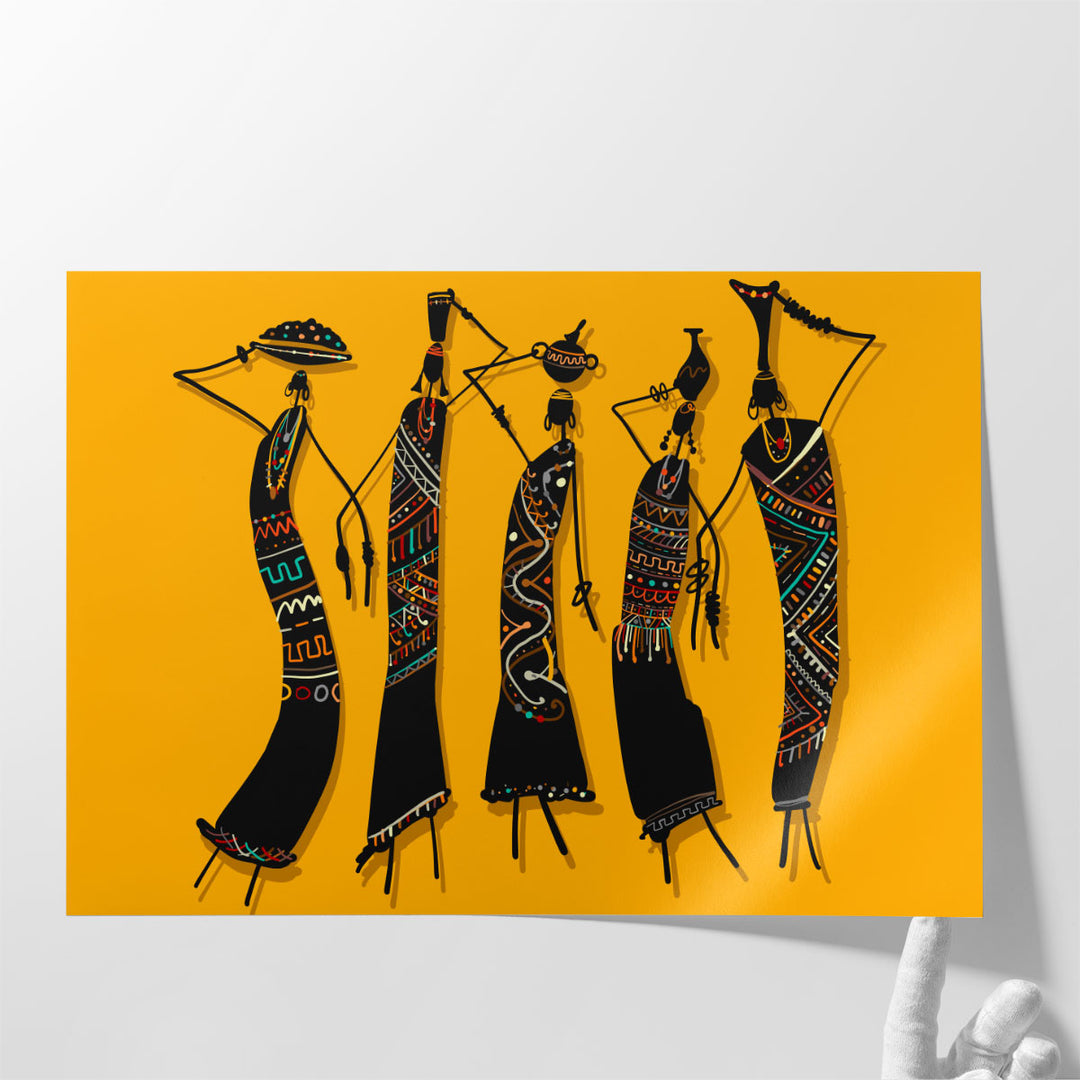 African Women with Jugs, An Ethnic Ornate Sketch - Canvas Print Wall Art