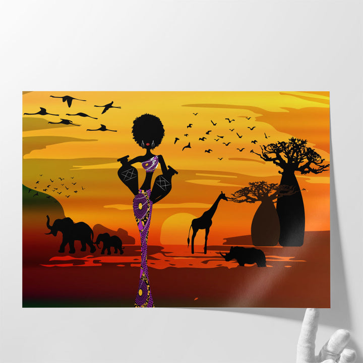 An African Woman Carrying Water In The Pots In Traditional Ankara Dress - Canvas Print Wall Art