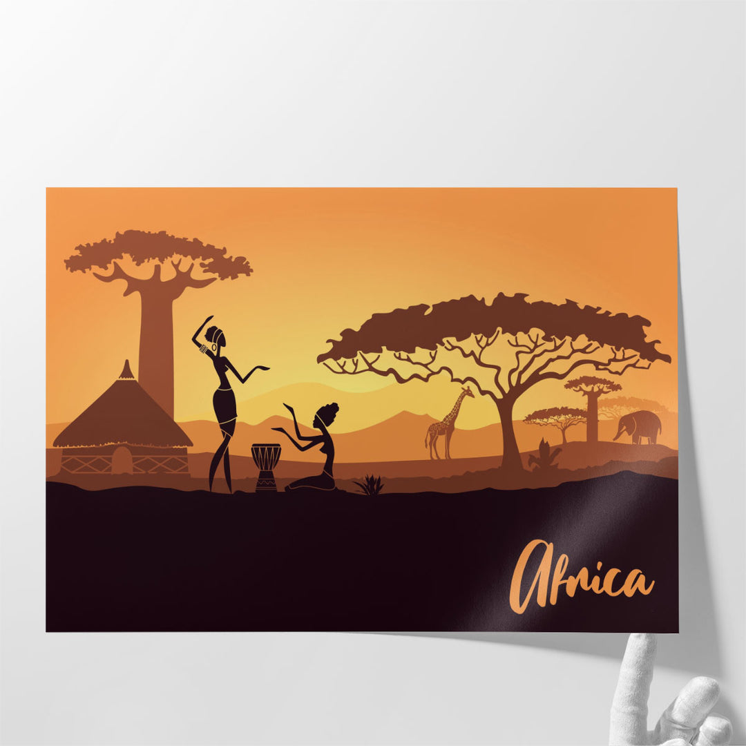 Silhouettes Of Tribal Women During Sunset, An African Landscape - Canvas Print Wall Art