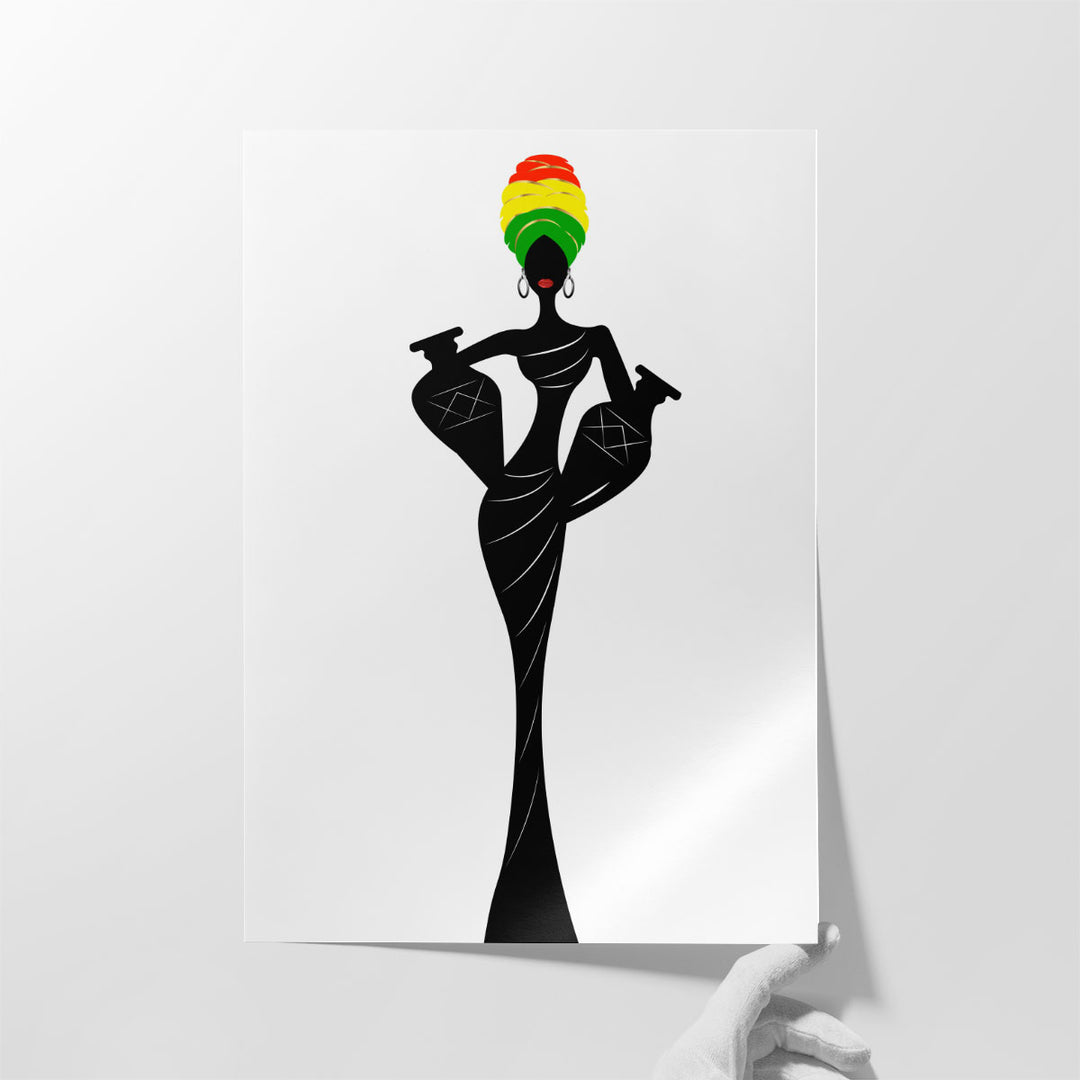 Silhouette Of A Beautiful African Woman With A Turban and Amphorae - Canvas Print Wall Art