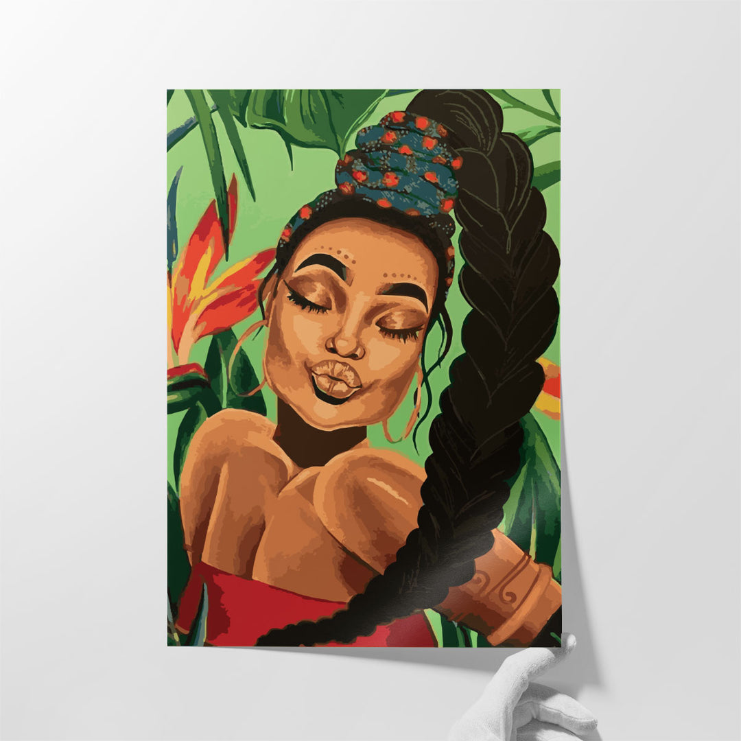 Black Woman Portrait, Afro Art With Tropical Background - Canvas Print Wall Art