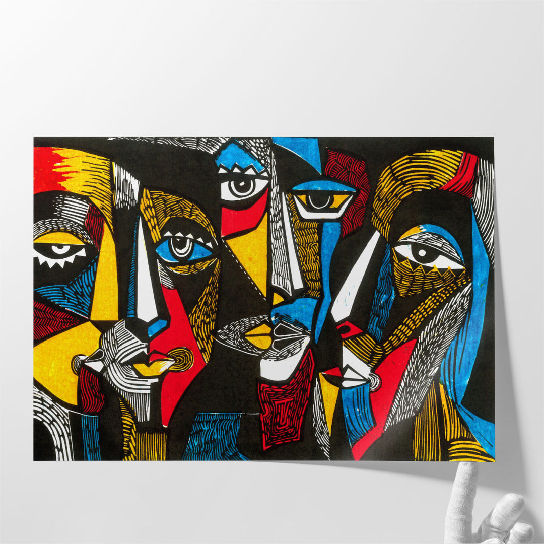 Modern illustration Abstract Art Print Linocut Style, Surreal Colored Faces - Canvas Print Wall Art