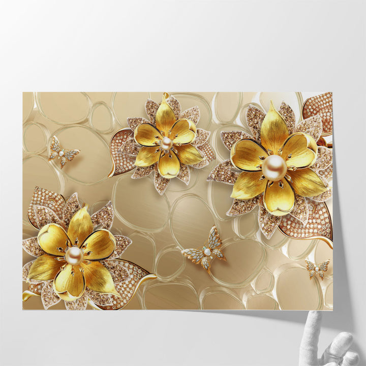 Golden Butterfly and Flower Abstract Art - Canvas Print Wall Art