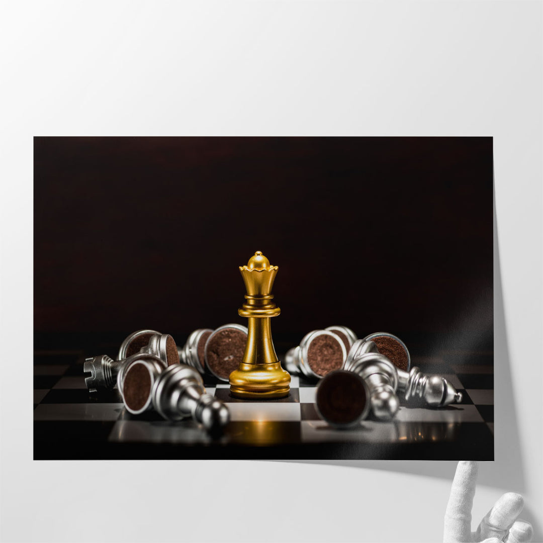 Golden Queen and Fallen Silver Chess Pieces - Canvas Print Wall Art