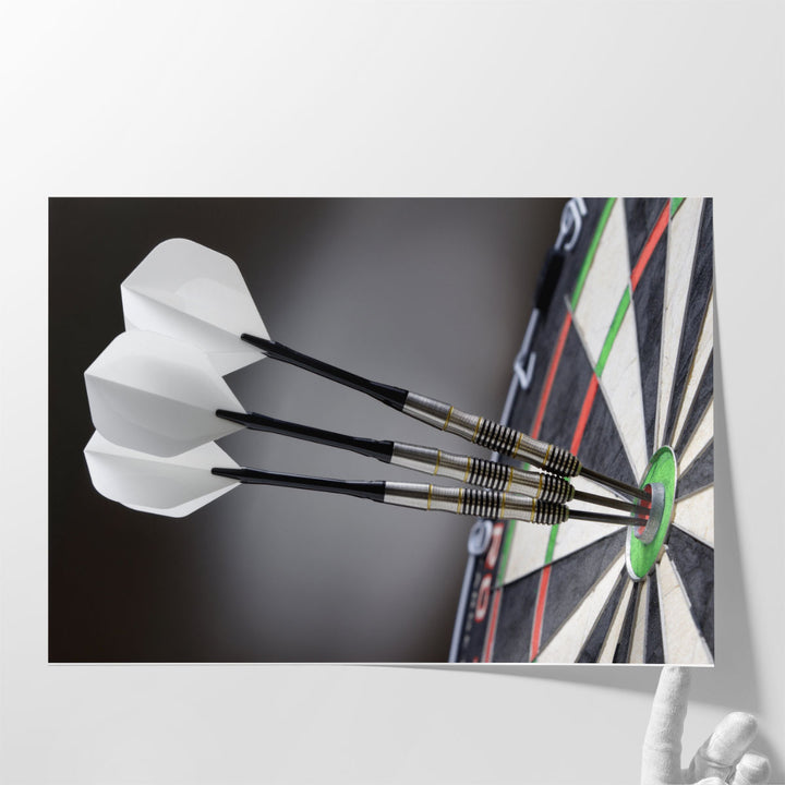 Three Darts in Bullseye of Dartboard - Canvas Print Wall Art