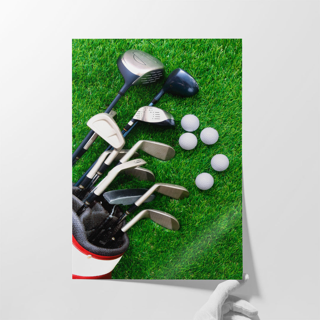 Golf Ball and Golf Club in Bag on Green Grass - Canvas Print Wall Art