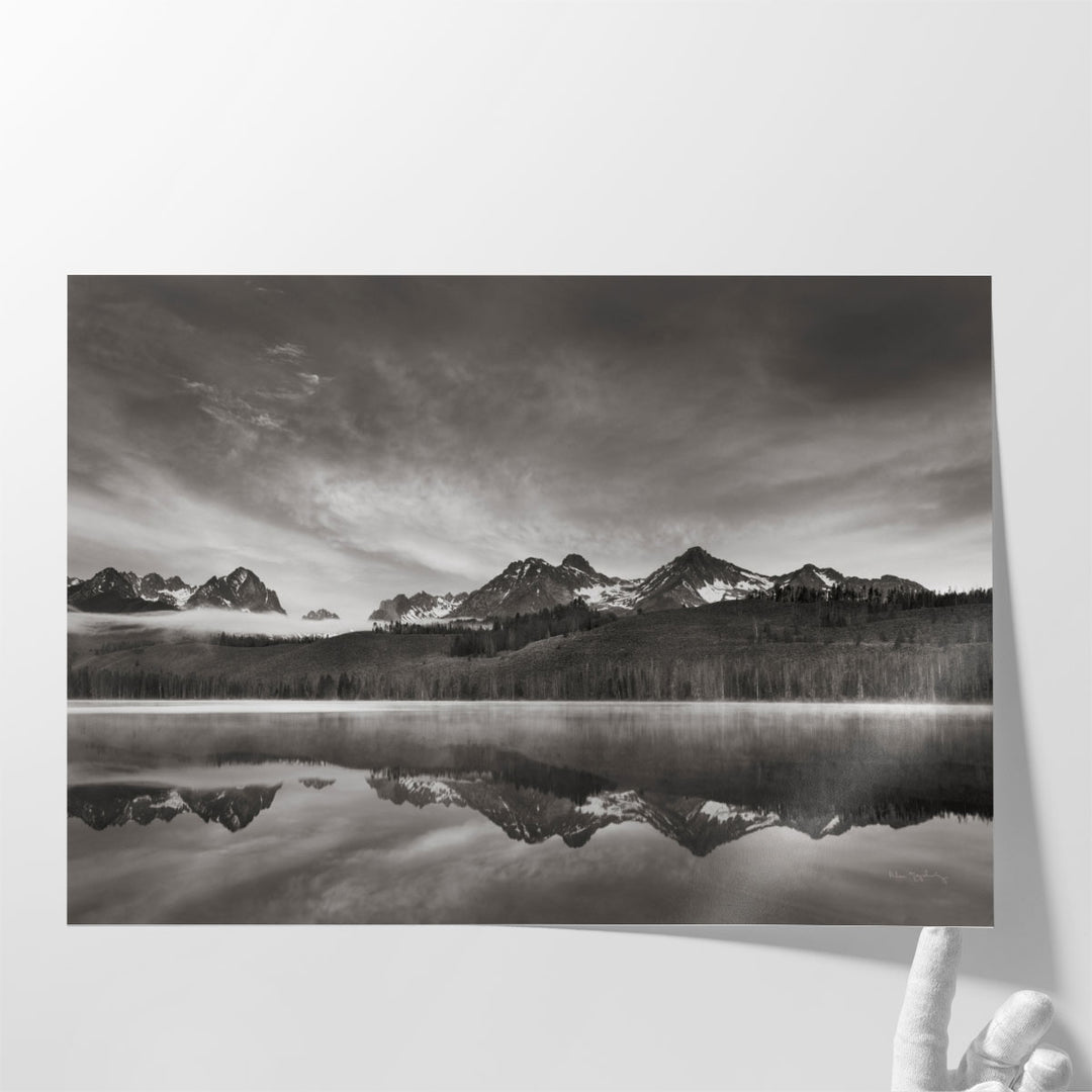 Little Redfish Lake at Sunrise Black and White - Canvas Print Wall Art