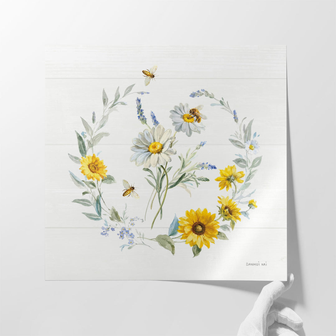 Bees and Blooms Flowers II with Wreath - Canvas Print Wall Art