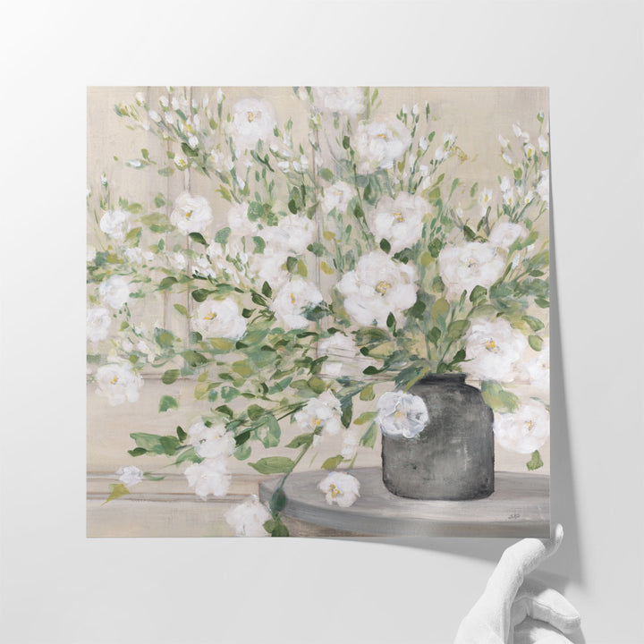 White Bouquet Gray Vase - Canvas Print Wall Art