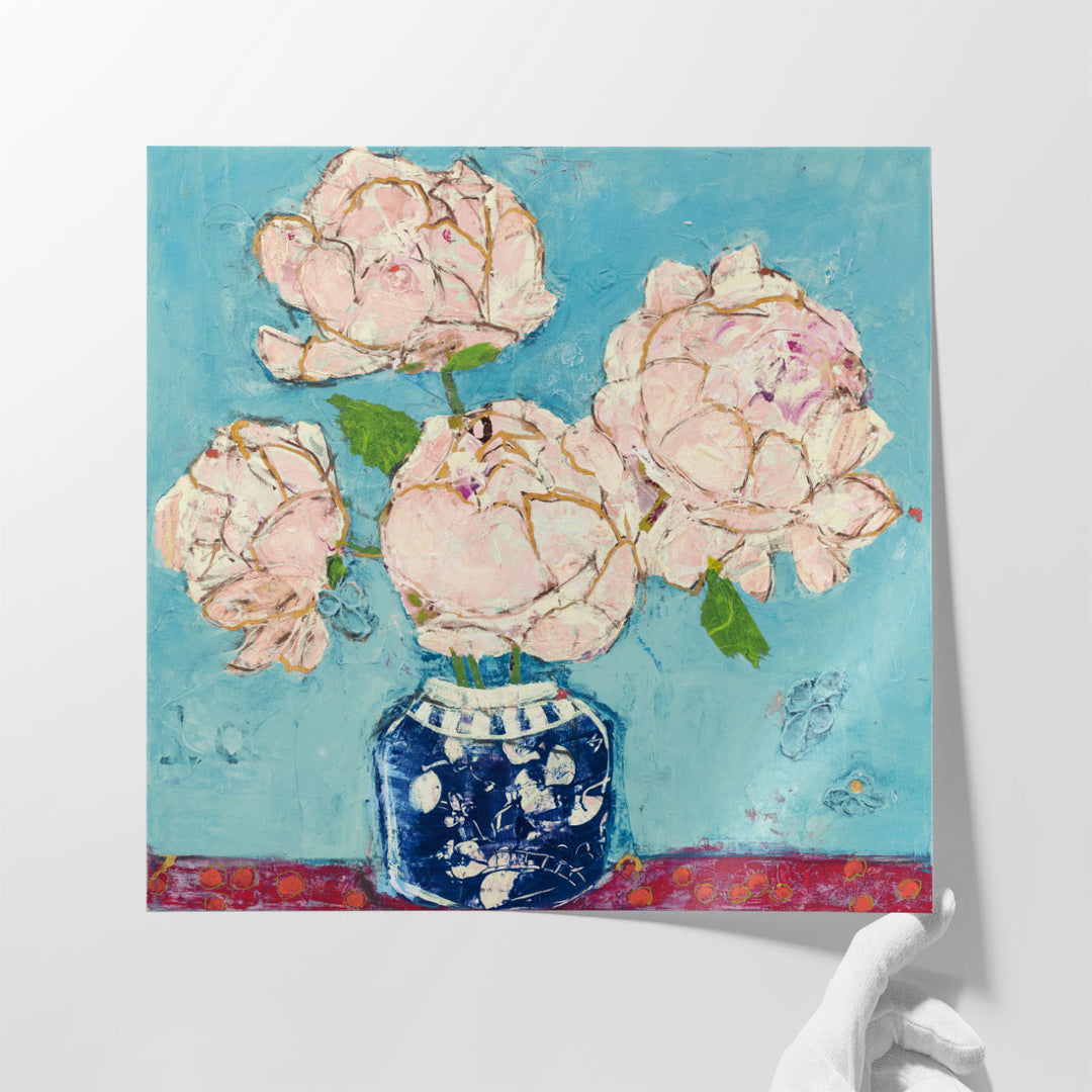 Vase of Peonies Aqua Coral - Canvas Print Wall Art